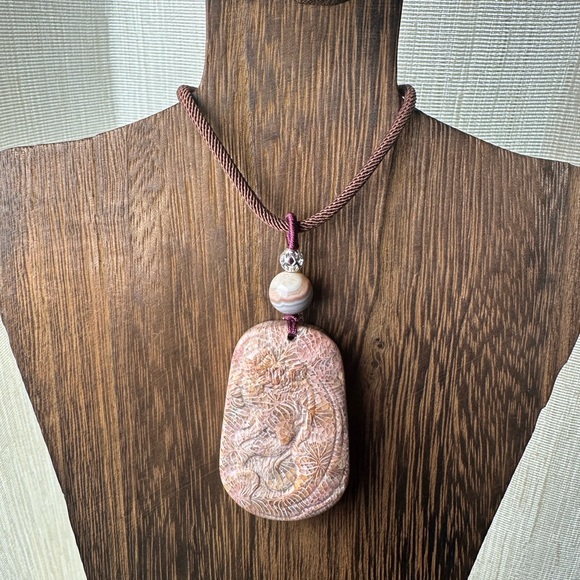 Handcrafted Coral Fossil Lady Pendant Necklace, Botswana Agate on Brown Rope - Picture 3 of 13